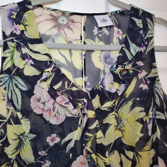 Cabi #3265 Osaka Nights Floral V-neck ruffle sleeveless sheer blouse S - Picture 2 of 10